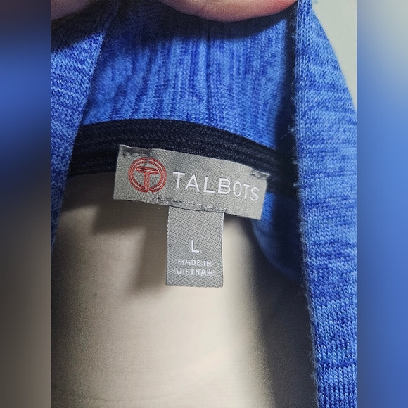 Talbots Cardigan Blue Open Front Quarter Sleeve Buttons & Zipper Pockets Large - Picture 3 of 6